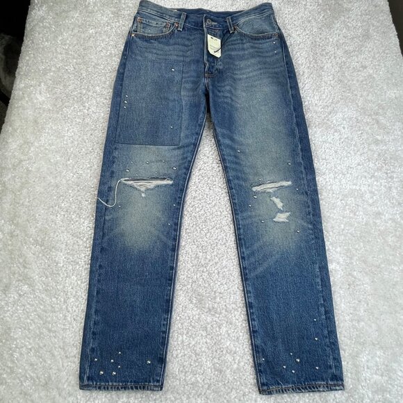 LEVI'S 501 Premium Distressed Studded Slim Fit Button Fly Jeans Mens 32x30 NEW - Picture 3 of 16